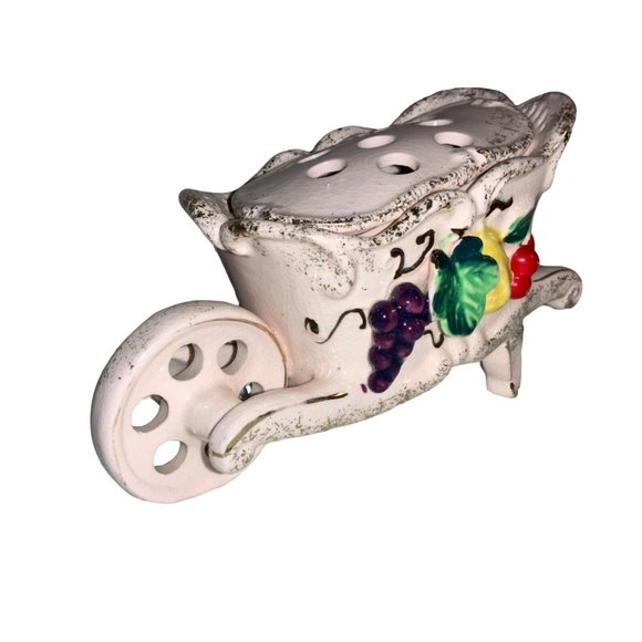 Pink WHEELBARROW Flower Frog Gold colored Trim -fruit on sides - Picture 2 of 10